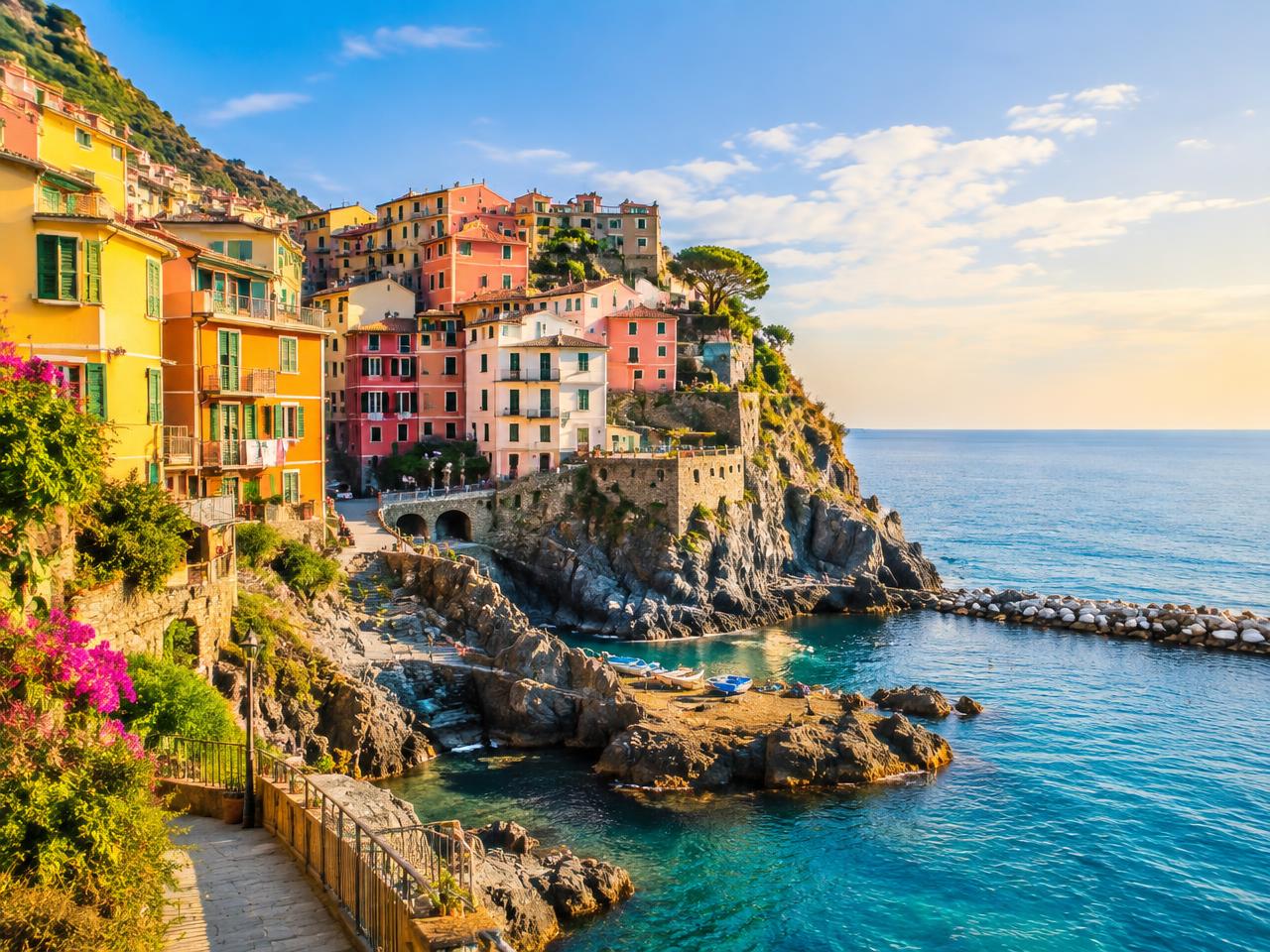 Pastel houses of a Mediterranean village above clear blue water